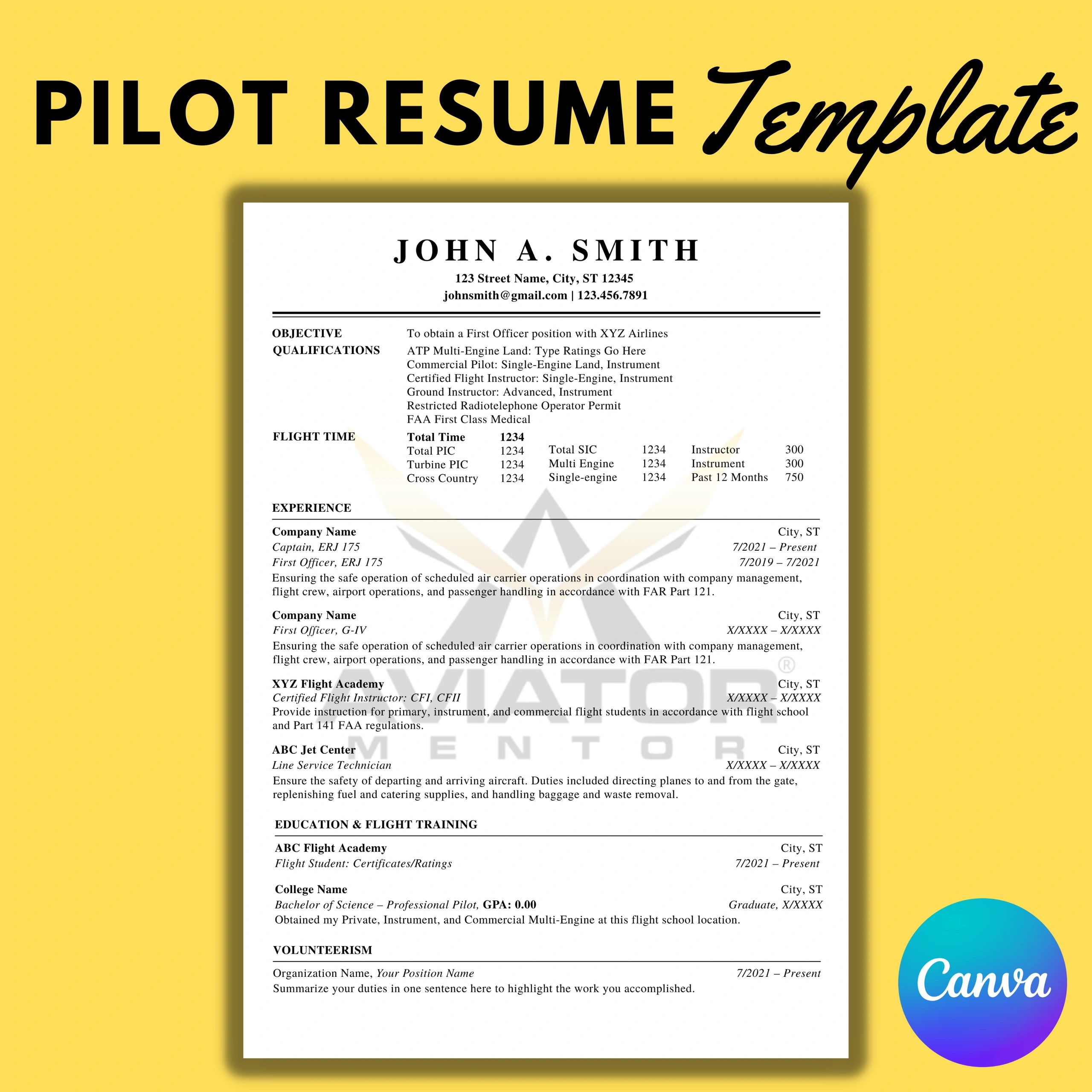 free professional pilot resume template