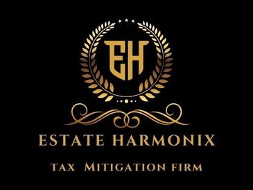 Elegant gold logo for Estate Harmonix Tax Mitigation Firm on black background.