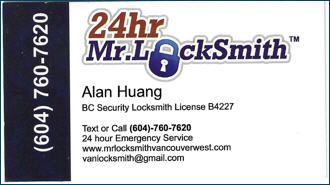 Business card for 24hr Mr. Locksmith with contact details.