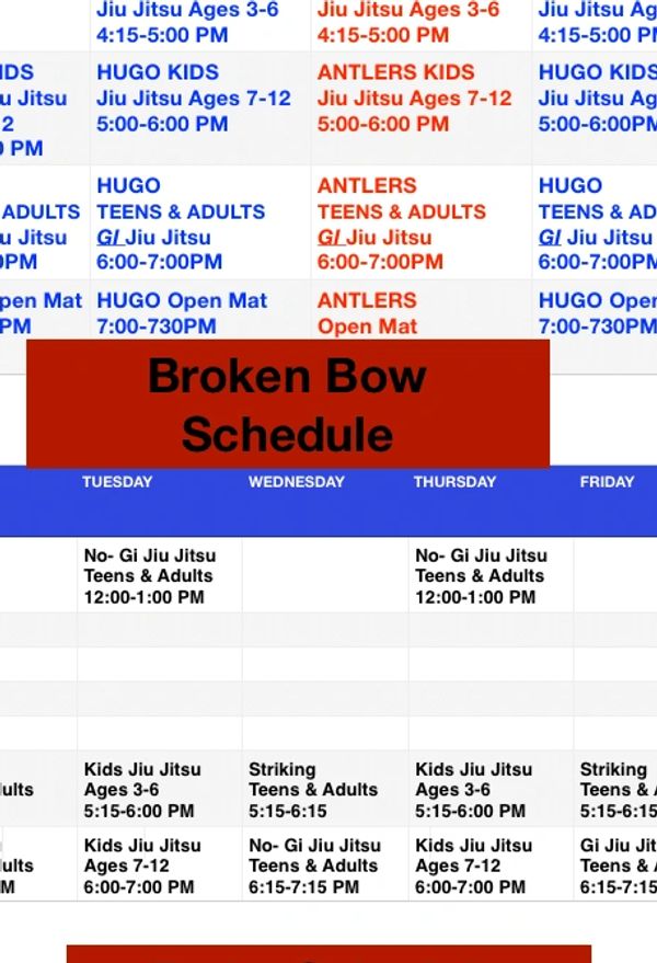 Weekly Jiu-Jitsu schedule for Antlers, Hugo, Broken Bow, and Paris locations.
