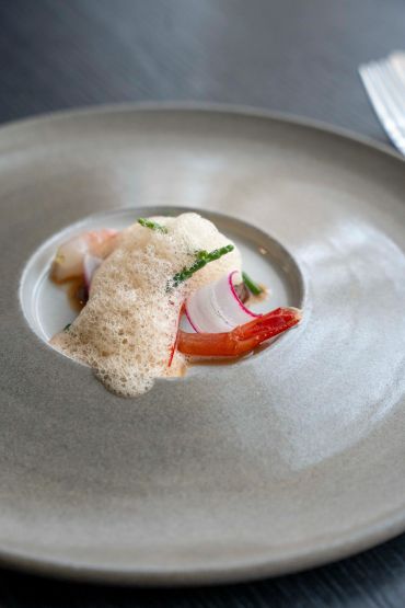 Elegant shrimp dish with foam and garnish on a minimalist plate.
