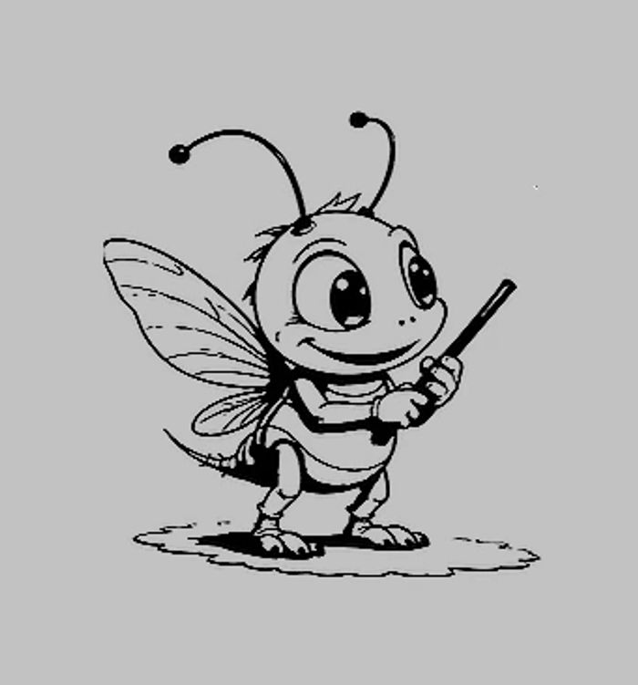 Cute cartoon bee holding a stick, smiling with big eyes.