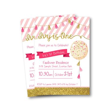 Birthday Invitation graphic design party first 1st one girl balloon pink custom