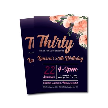Invitation design birthday 30th thirty navy floral rose gold party custom