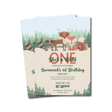 Birthday Invitation graphic design party wild one first 1st one girl boy fox woodland custom