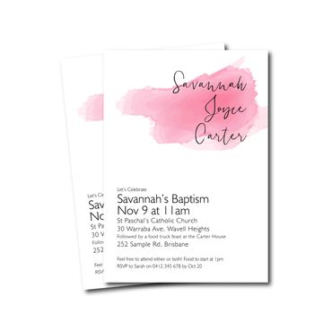 baptism invitation graphic design party custom watercolour christening girl
