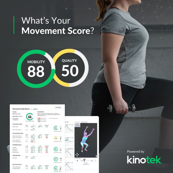 Woman exercising with movement score chart showing mobility 88 and quality 50.