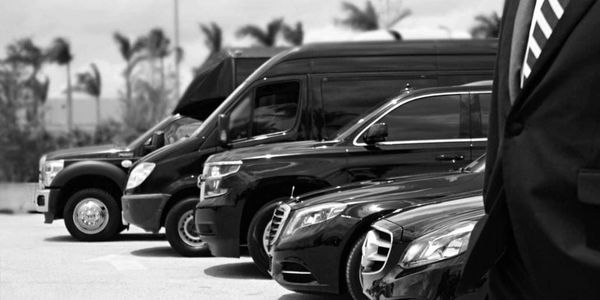 Row of luxury cars and SUVs with a suited individual in the foreground.