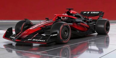 Red and black Formula 1 race car with P Zero tires.