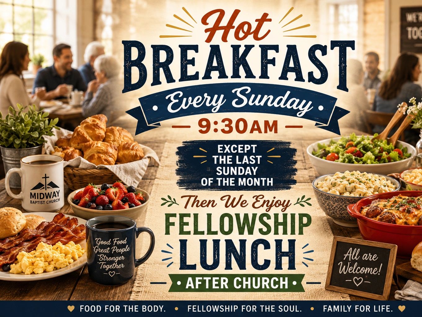 Church hot breakfast and fellowship lunch every Sunday except last of the month.