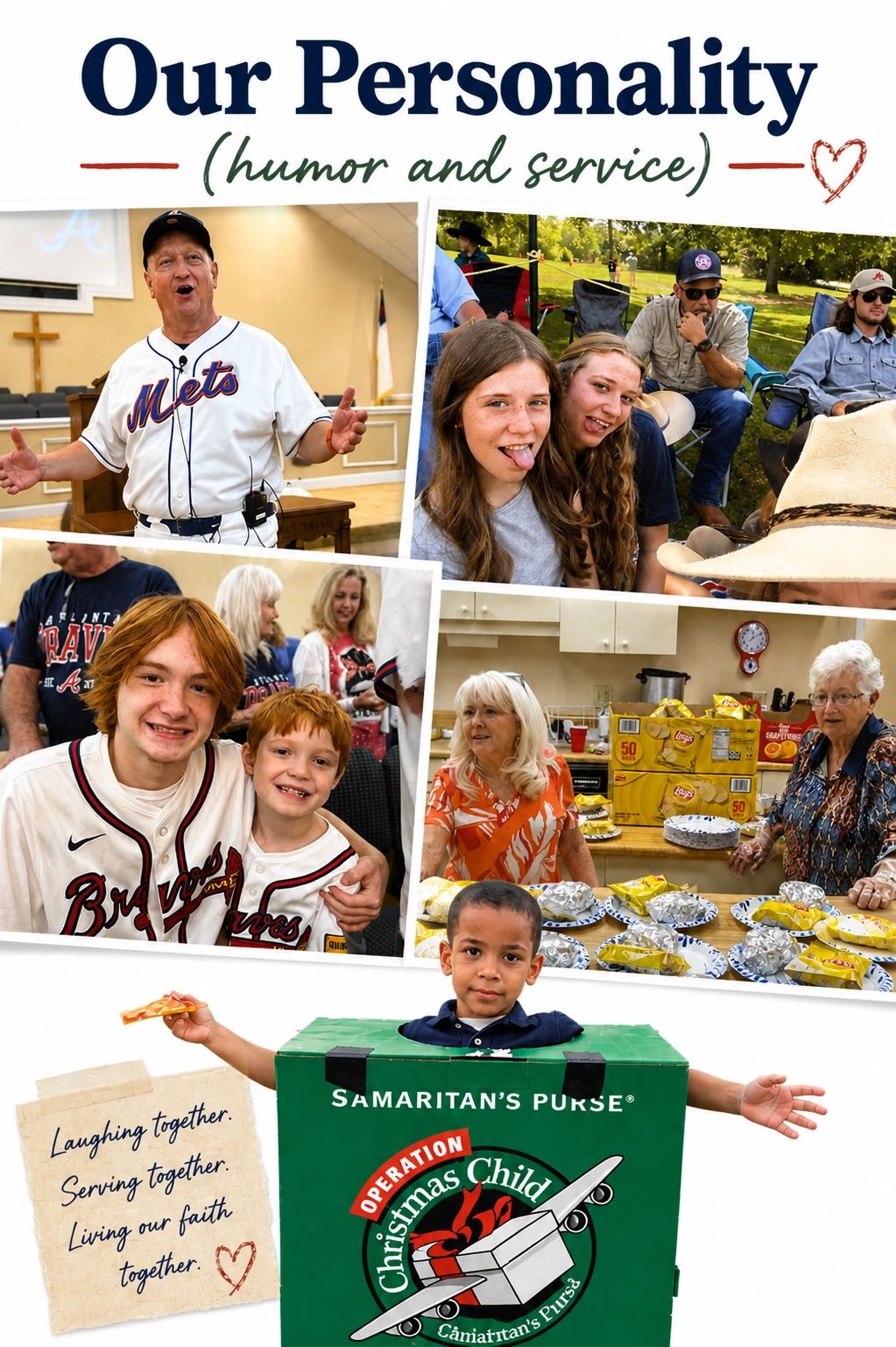 Collage showing joyful community moments with humor and service.