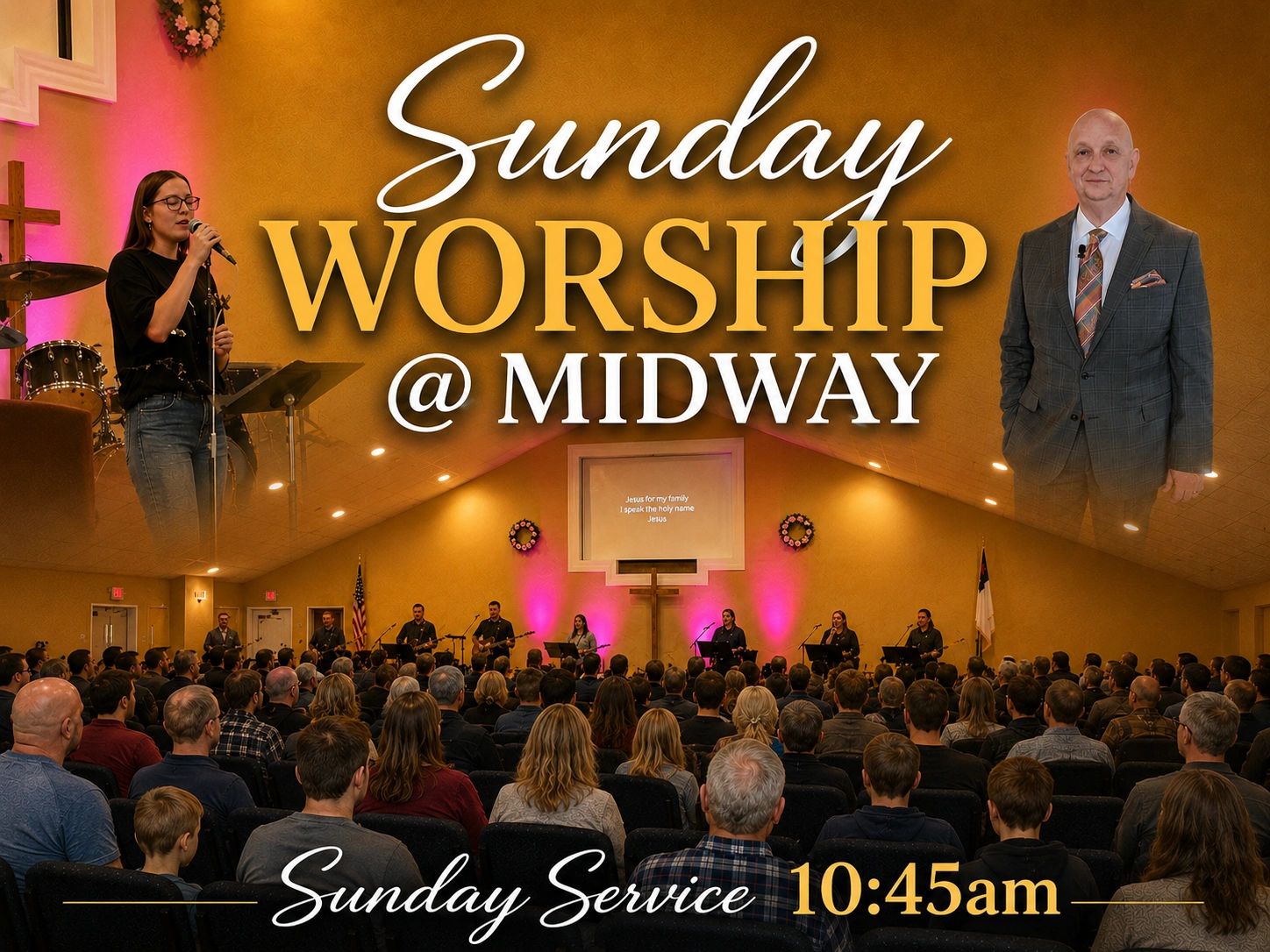 Congregation gathered for Sunday worship service at Midway Church.