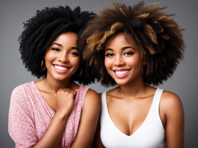 Two smiling women with natural curly hair posing together.