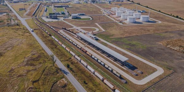 aerial view of a plant with tanks