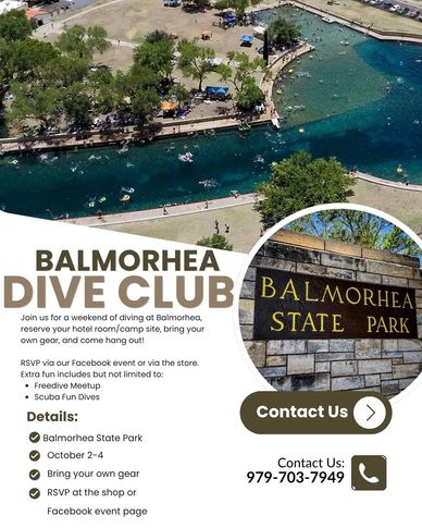 Balmorhea Dive Club promotional flyer with park and contact info.