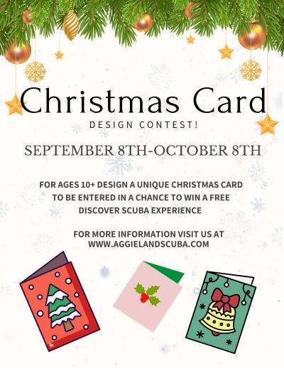 Christmas card design contest announcement with festive decorations.