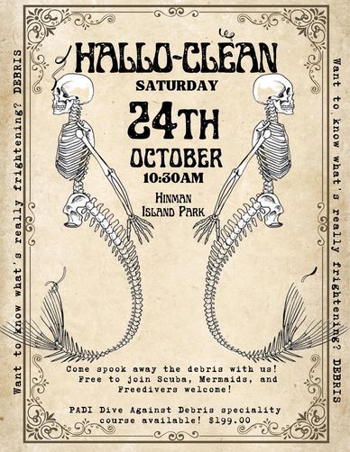Halloween-themed cleanup event with mermaids and divers.