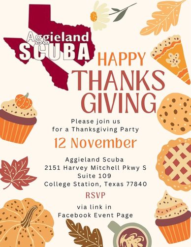 Thanksgiving party invitation from Aggieland Scuba on November 12.