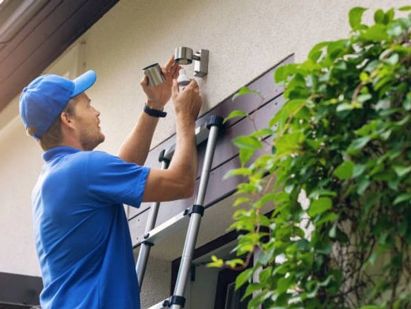 A man on a ladder installing exterior light, a handyman putting a light in. daylight light sensor