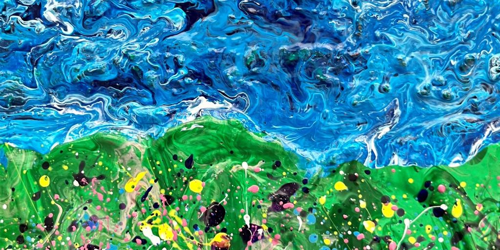 Abstract painting with swirling blue sky and vibrant green landscape dotted with colorful splashes.
