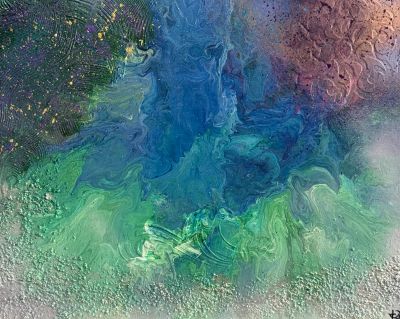 Abstract painting with swirling blue, green, and purple hues.