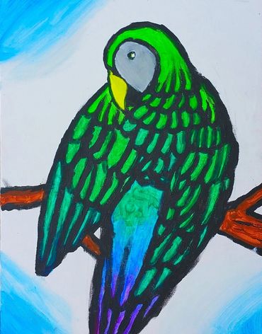 Green Parrot on a branch by Jordyn Abramson