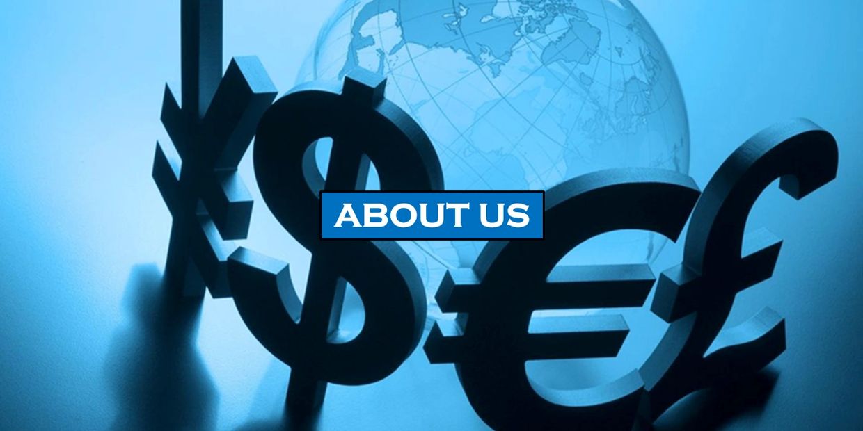 Global currency symbols with 'About Us' text over a globe background.