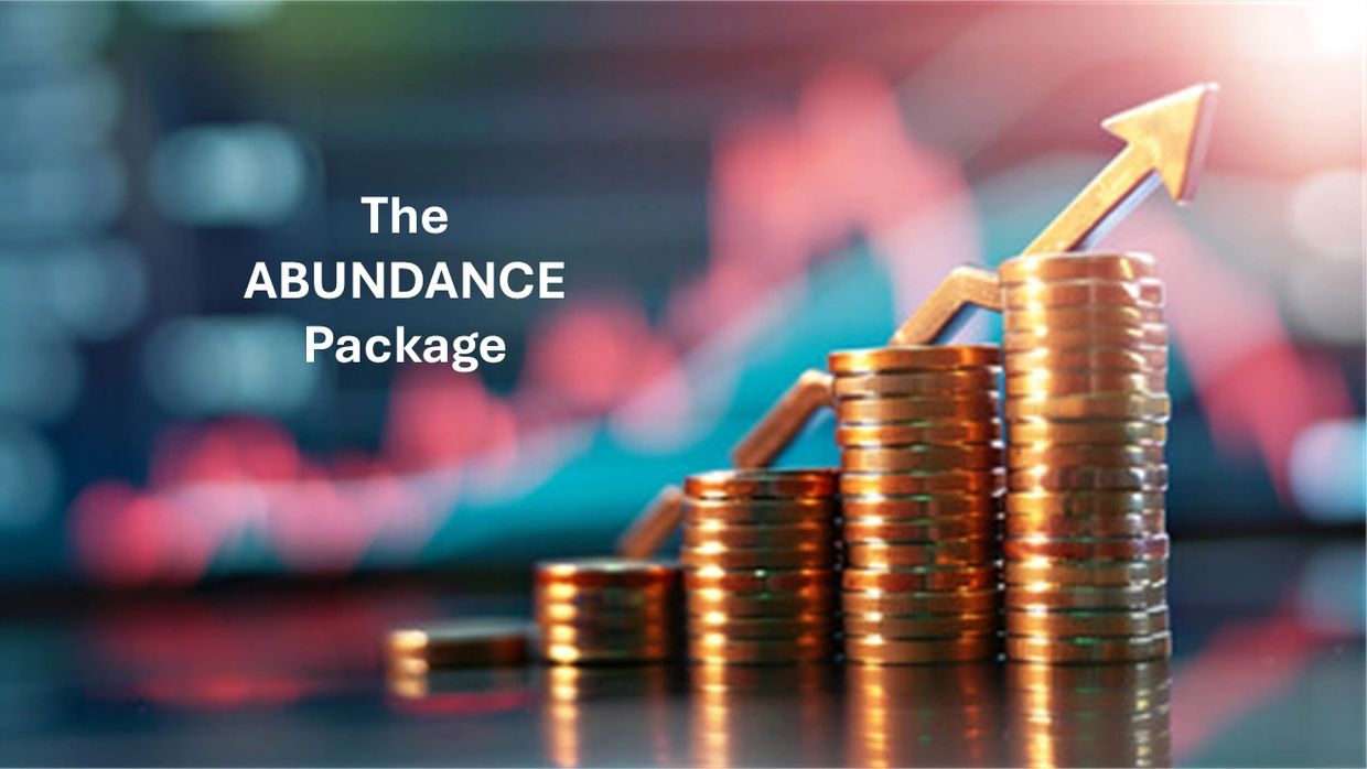 Stacked coins with upward arrow and text 'The ABUNDANCE Package'.