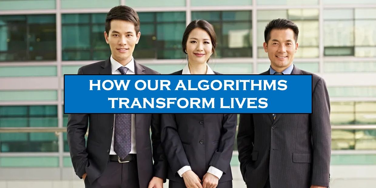 Three professionals in suits with a banner about transformative algorithms.