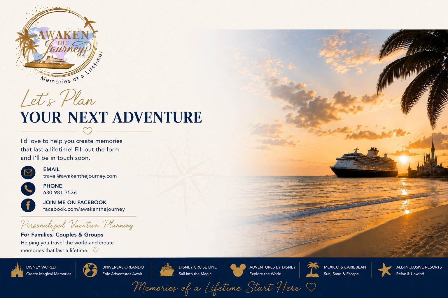 Disney World vacation planning, Disney Cruise Line vacations, Universal Orlando travel, and tropical beach getaway services.