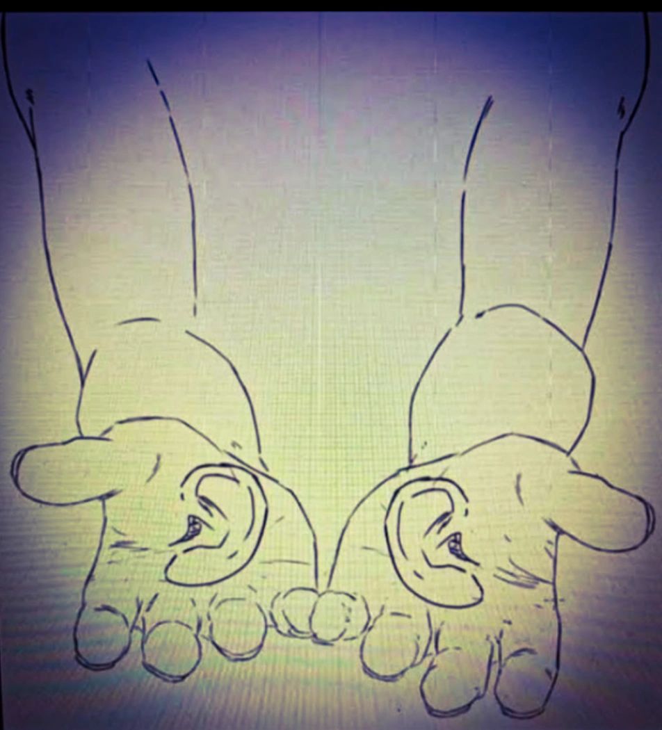 Two hands extended out from the breath of heaven (Higher Plane) reaching the Plane of Manifest