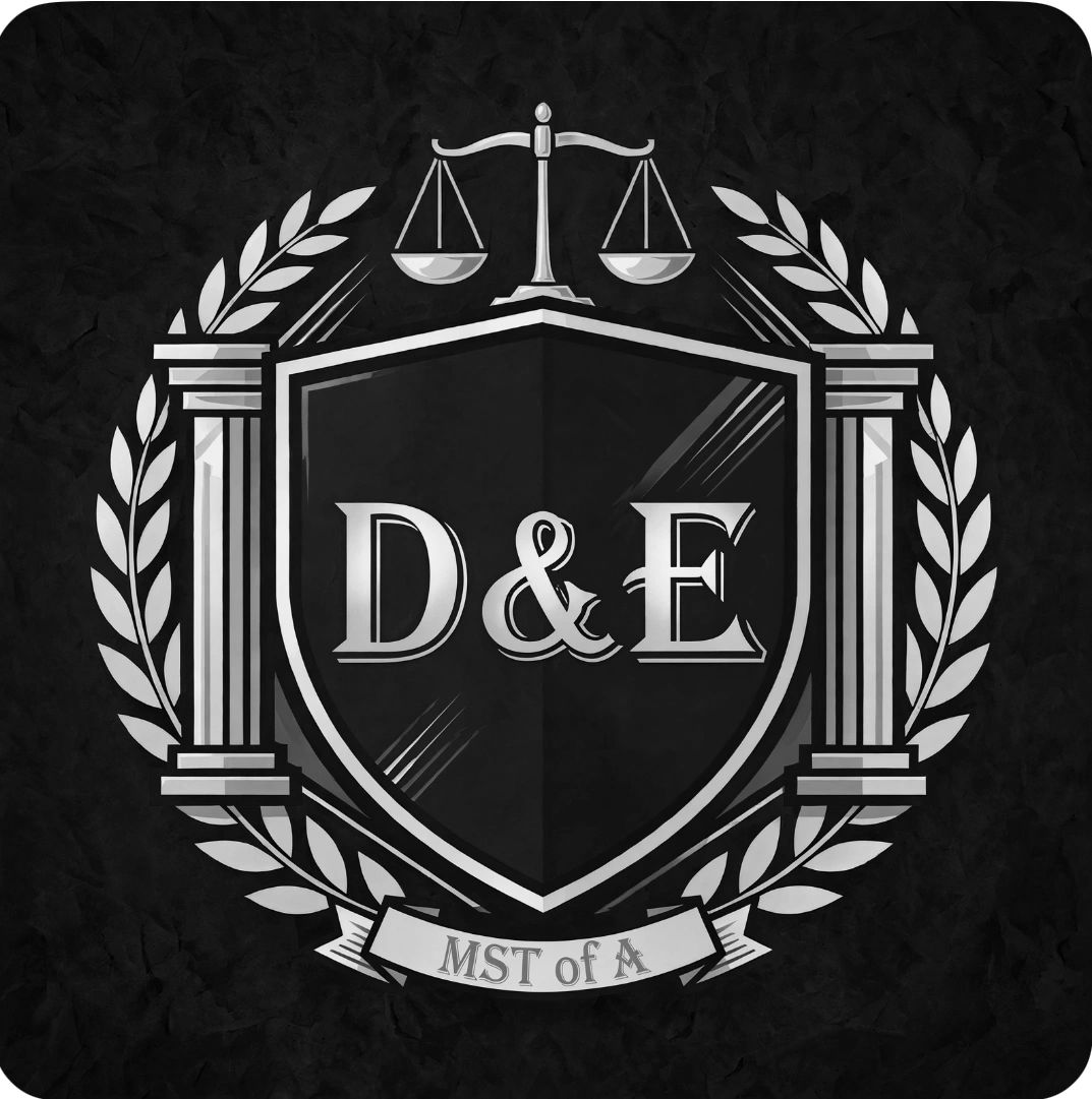 A black and silver emblem with scales, pillars, and letters D&amp;E.