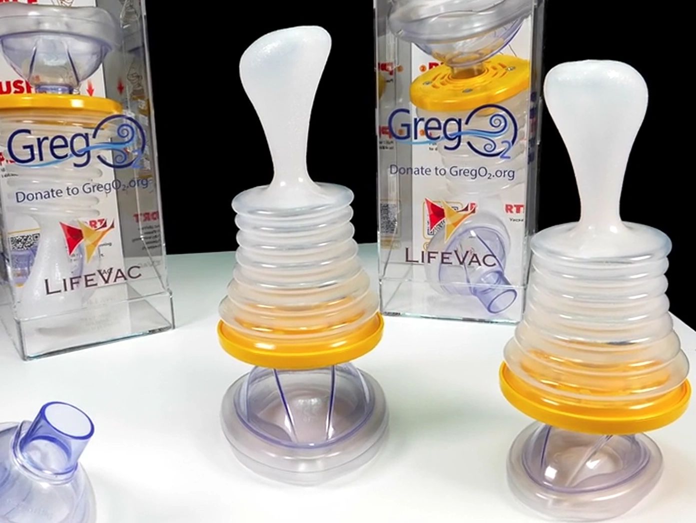 LifeVac airway clearance devices with Greg O2 branding.