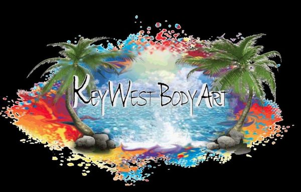 Colorful Key West Body Art logo with palm trees and ocean.