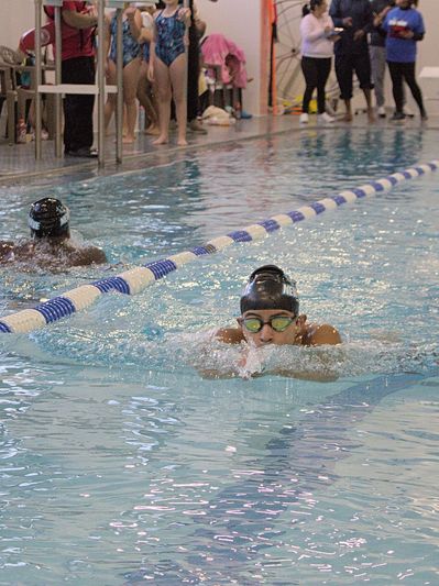 Two swimmers racing in an indoor pool, with spectators watching.