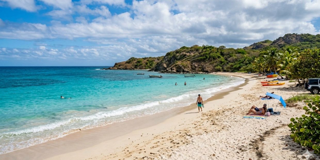 A scenic tropical beach with turquoise waters, people swimming, and kayaks on the sand.
