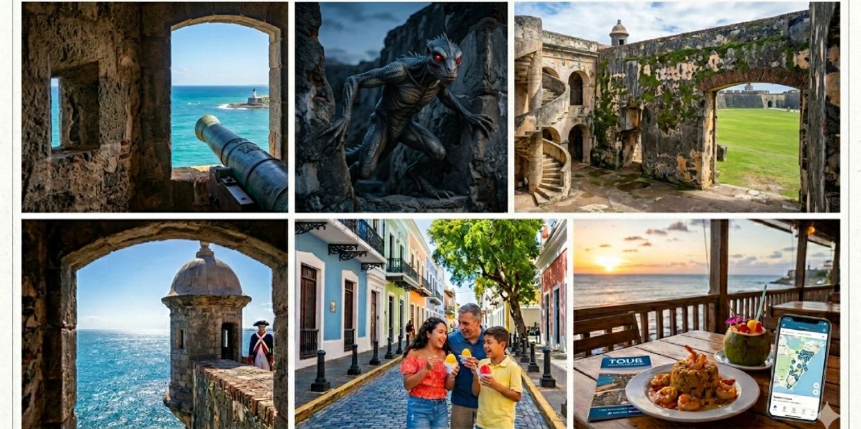 Various scenes of Puerto Rico including forts, streets, family fun, and meals.
