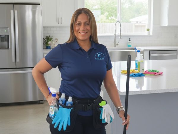 Smiling professional cleaner in navy uniform with cleaning supplies in modern kitchen.