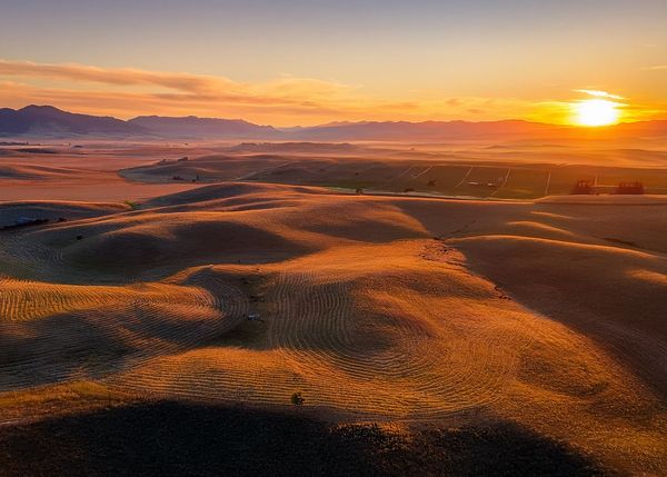 Sunset over rolling agricultural hills with golden light.