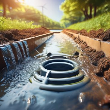 Close-up of water flowing through a canal with a circular grate under the sunlight.
