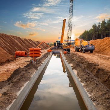 Construction site with trench and heavy machinery at sunset.