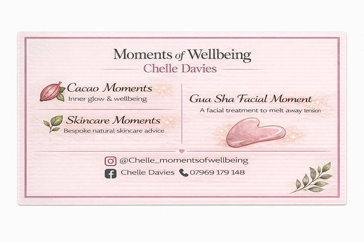 Business card for Moments of Wellbeing by Chelle Davies offering skincare and facial treatments.