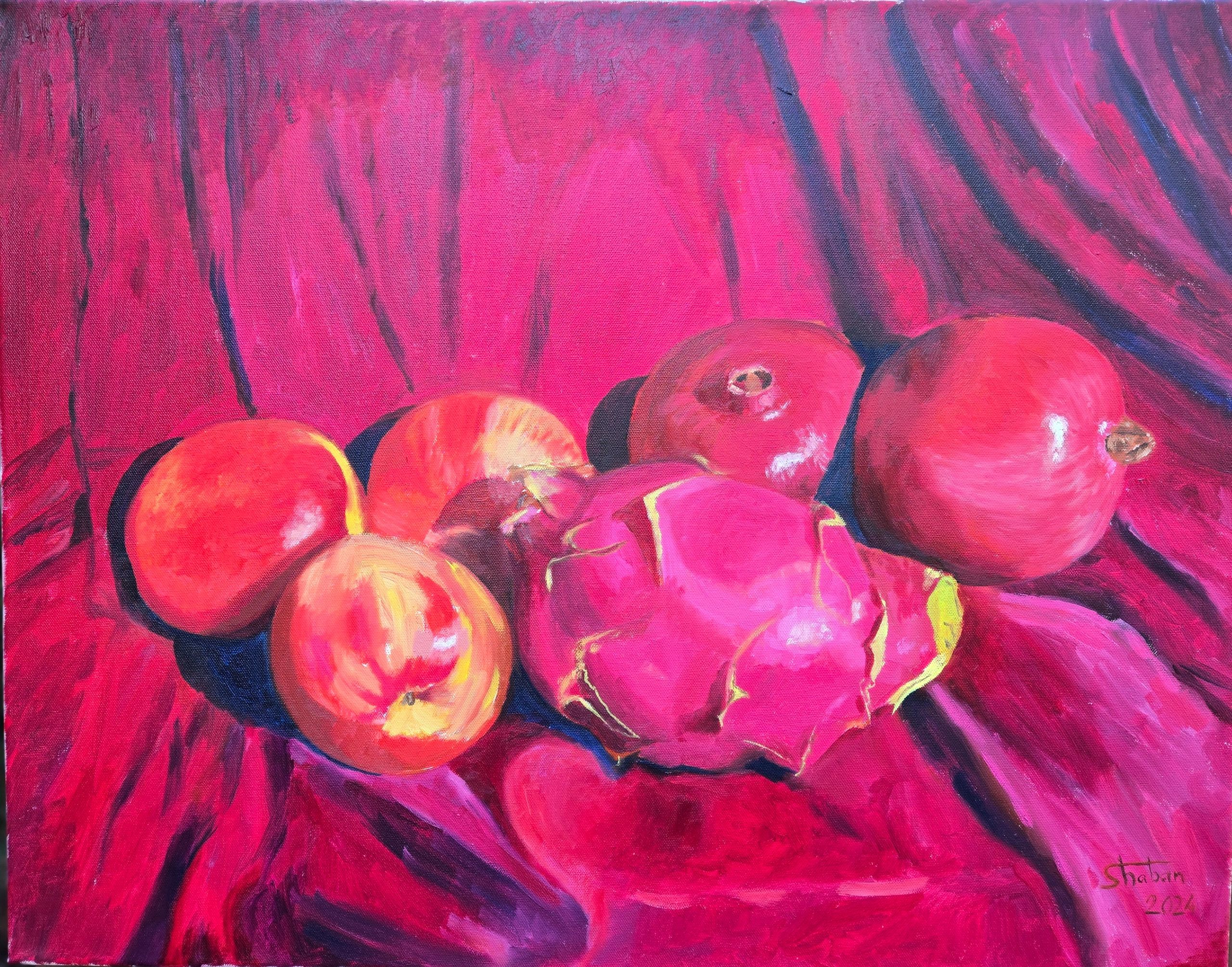 dragon fruit, pomegranate, apples, still life 