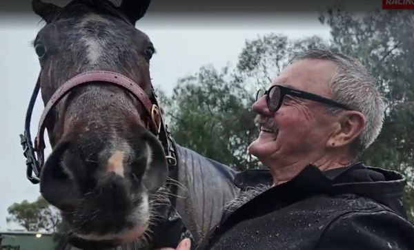Man smiling at a horse.