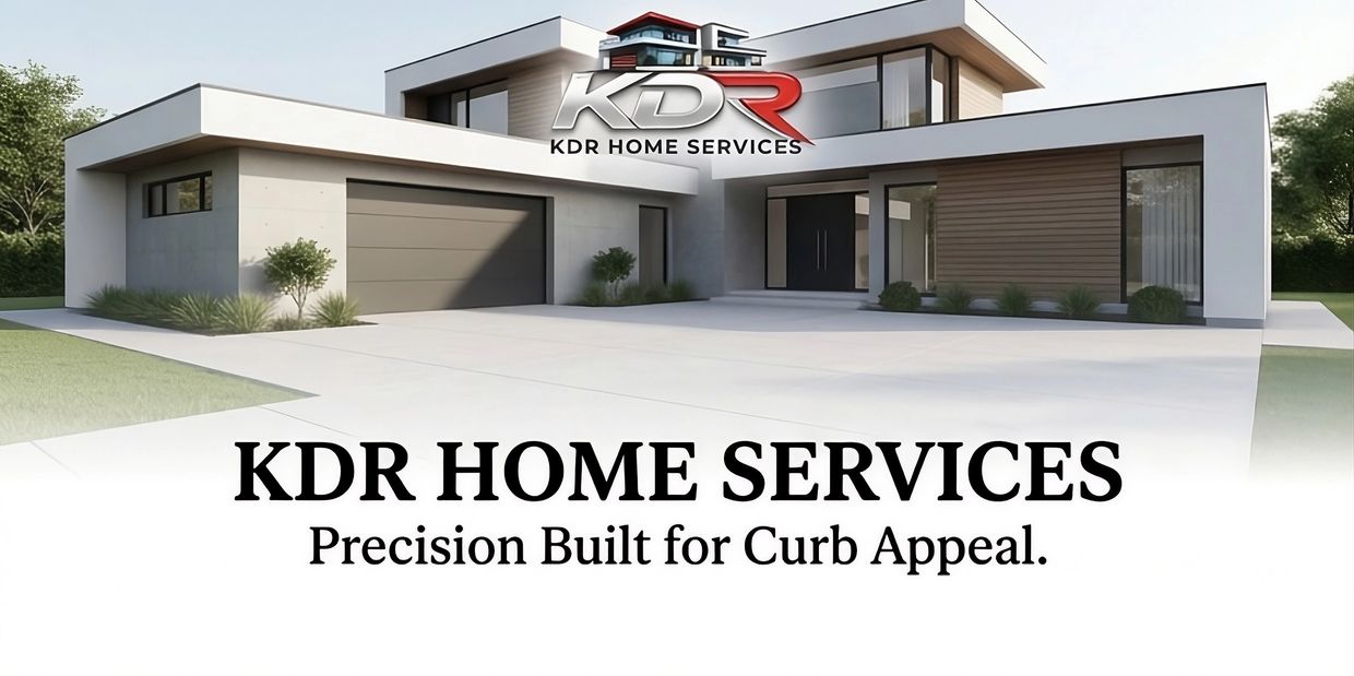 Modern home exterior with KDR Home Services logo and tagline.