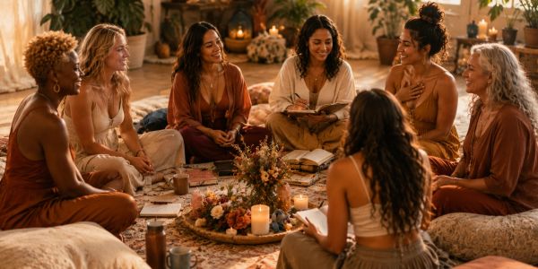 A group of women sitting in a cozy circle, sharing and connecting in a warm, candlelit room.