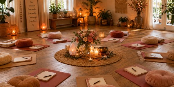 Cozy meditation space with cushions, notebooks, candles, and flowers arranged in a circle.