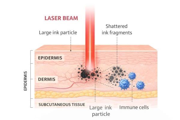 Diagram showing laser breaking down ink particles in skin layers.