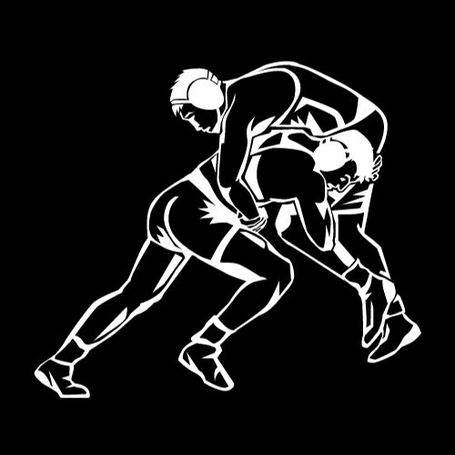 Black and white illustration of two wrestlers in action.