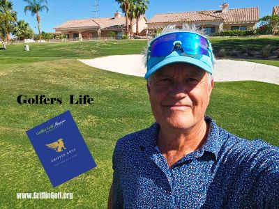 Man on golf course with golf book cover and text.